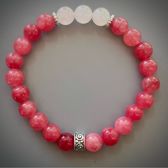 Bright Pink Jade and Rose Quartz Handcrafted Bead Bracelet - Picture 6 of 6